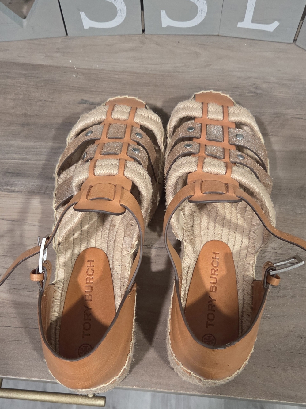 Tory Burch Tan Leather and Natural Rope Espadrille Wedge Sandals
